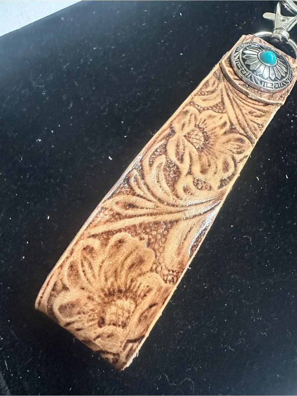 Leather Floral Embossed Wristlet Key Fob - Tan